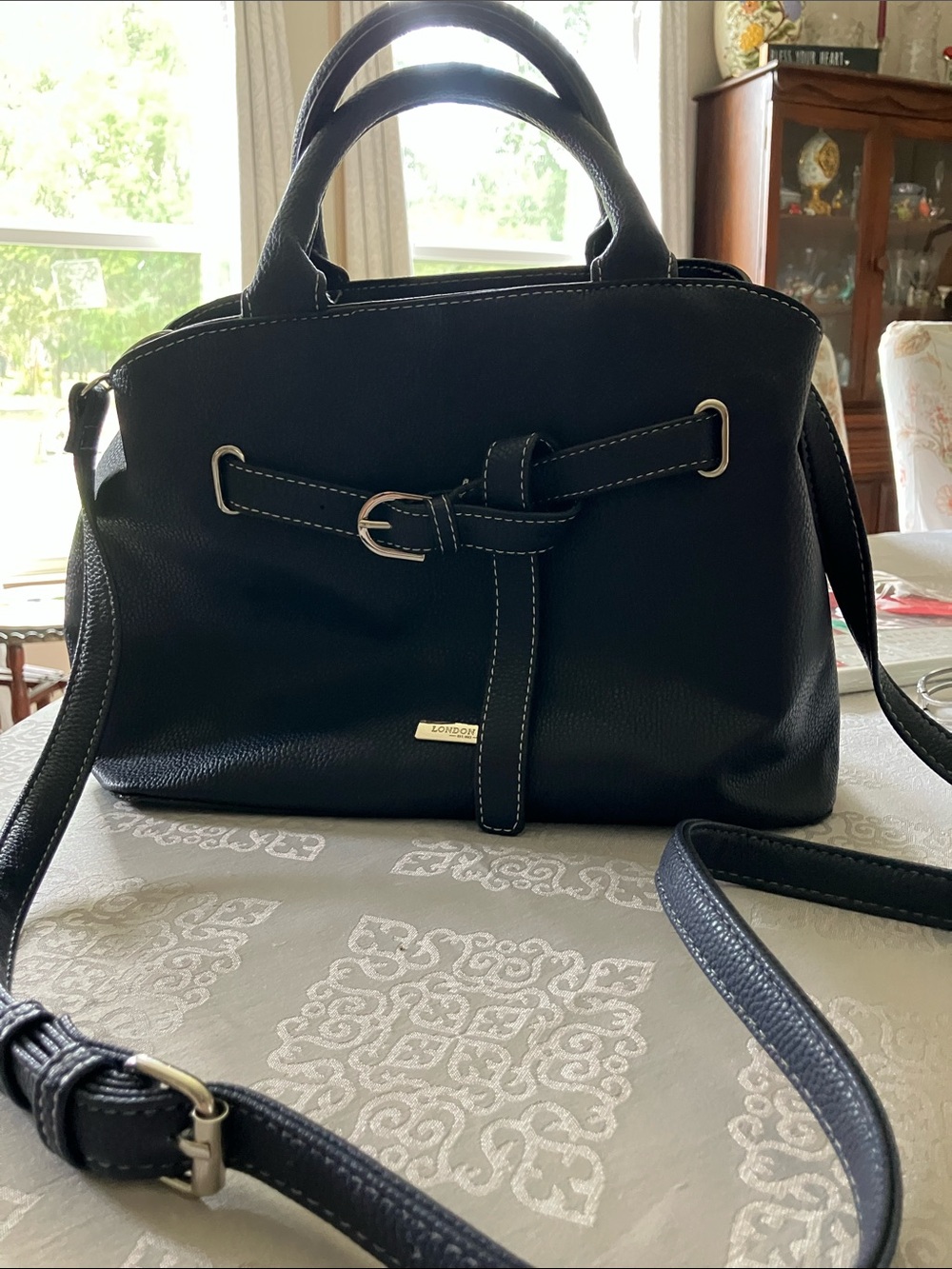 London Fog Black Satchel with Contrast Stitching and Buckle Detail